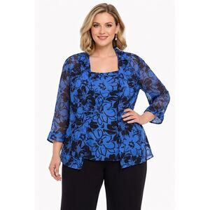 NWT 2000s Alex Evenings Blue Floral Chiffon Twinset 2X